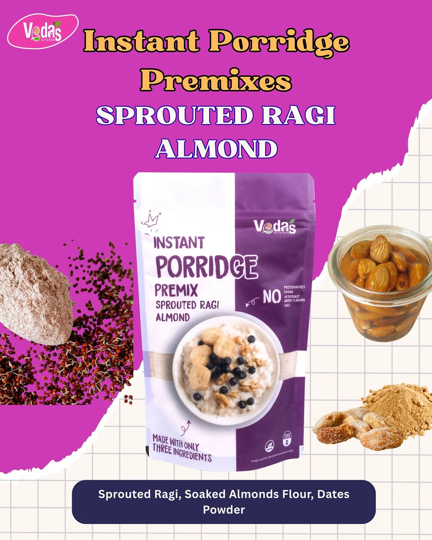 Vedas Kitchen Sprouted Ragi Almond Instant Porridge