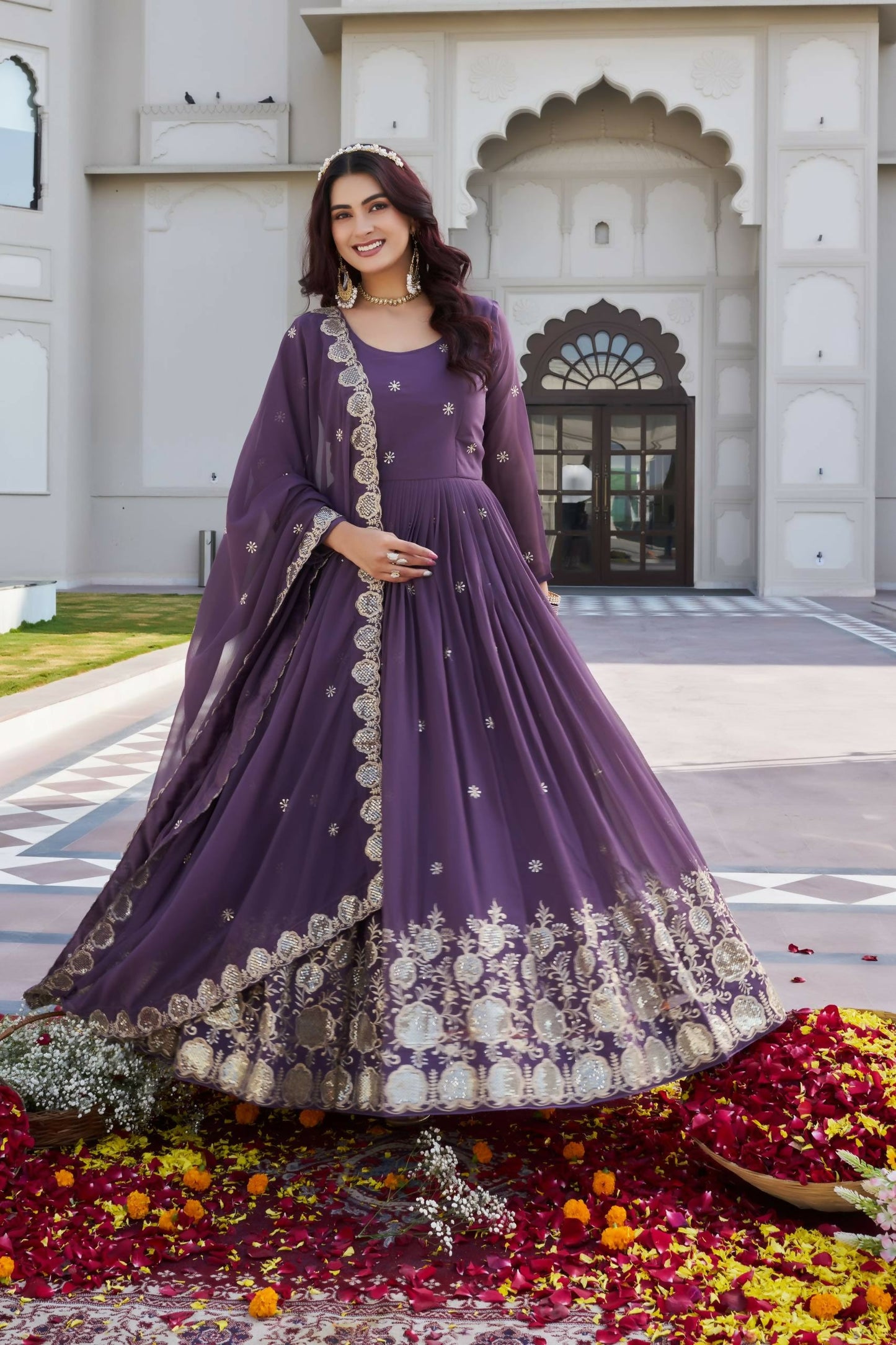Teeya Creation Womens Wedding Wear Heavy Sequence Embroidery Work Purple Gown Set