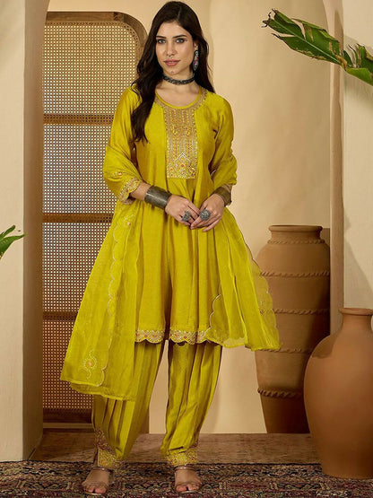 The52 Women's Beautiful Embroidery Work Vichitra Fabric A-line Kurta Pant and Dupatta Set-Yellow