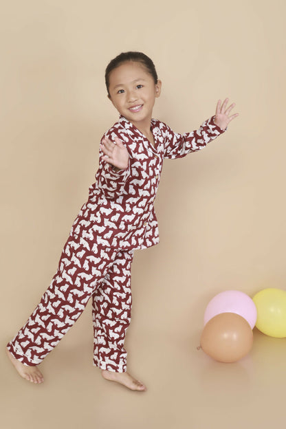 Breathables Kids Cotton Night Suit  Maroon Cat Print Shirt & Pyjama Co-Ord Set For Boys & Girls