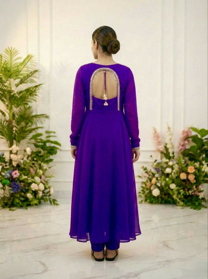 Teeya Creation Womens New Fancy Silk Heavy Quality Fabric With Handwork Purple Gown Set
