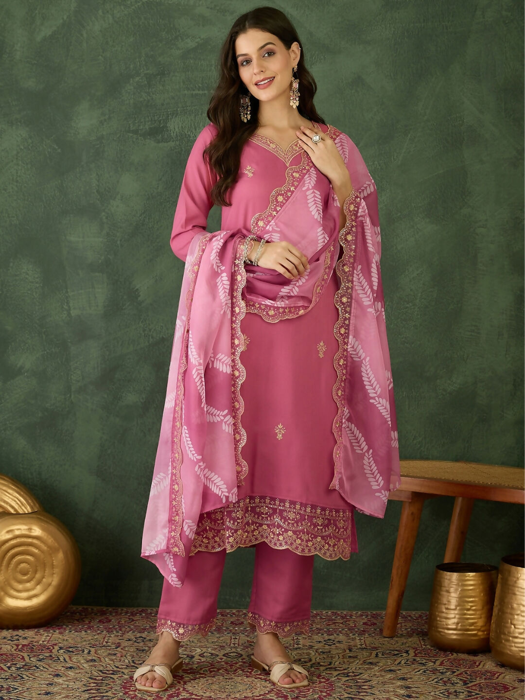 The52 Women's Beautiful Rayon Fabric Embroidery Work Straight Kurta Pant and Dupatta Set-Pink
