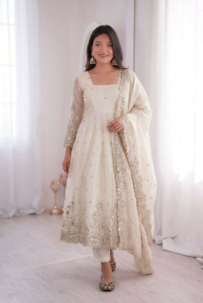 Teeya Creation Womens New Latest Trendy Elegant White Embroidered Anarkali Suit Set with Scalloped Dupatta