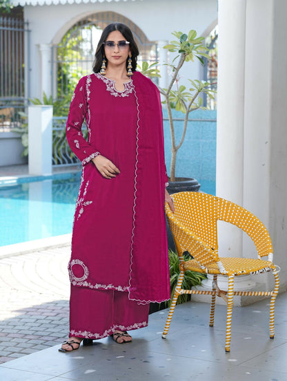 Nikhaar Magenta Embroidered Modal Silk Stitched Straight Cut Kurta Culottes Dupatta Readymade Suit