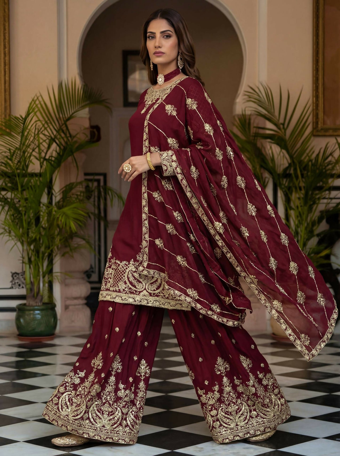 Teeya Creation New Trendy Traditional Wear Sharara with Heavy Border Dupatta Set - Maroon