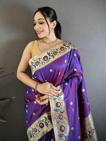 Prime Volt Premium Soft Silk Mayur Paithani Saree with Peacock Meena Weaving & Rich Pallu-Purple