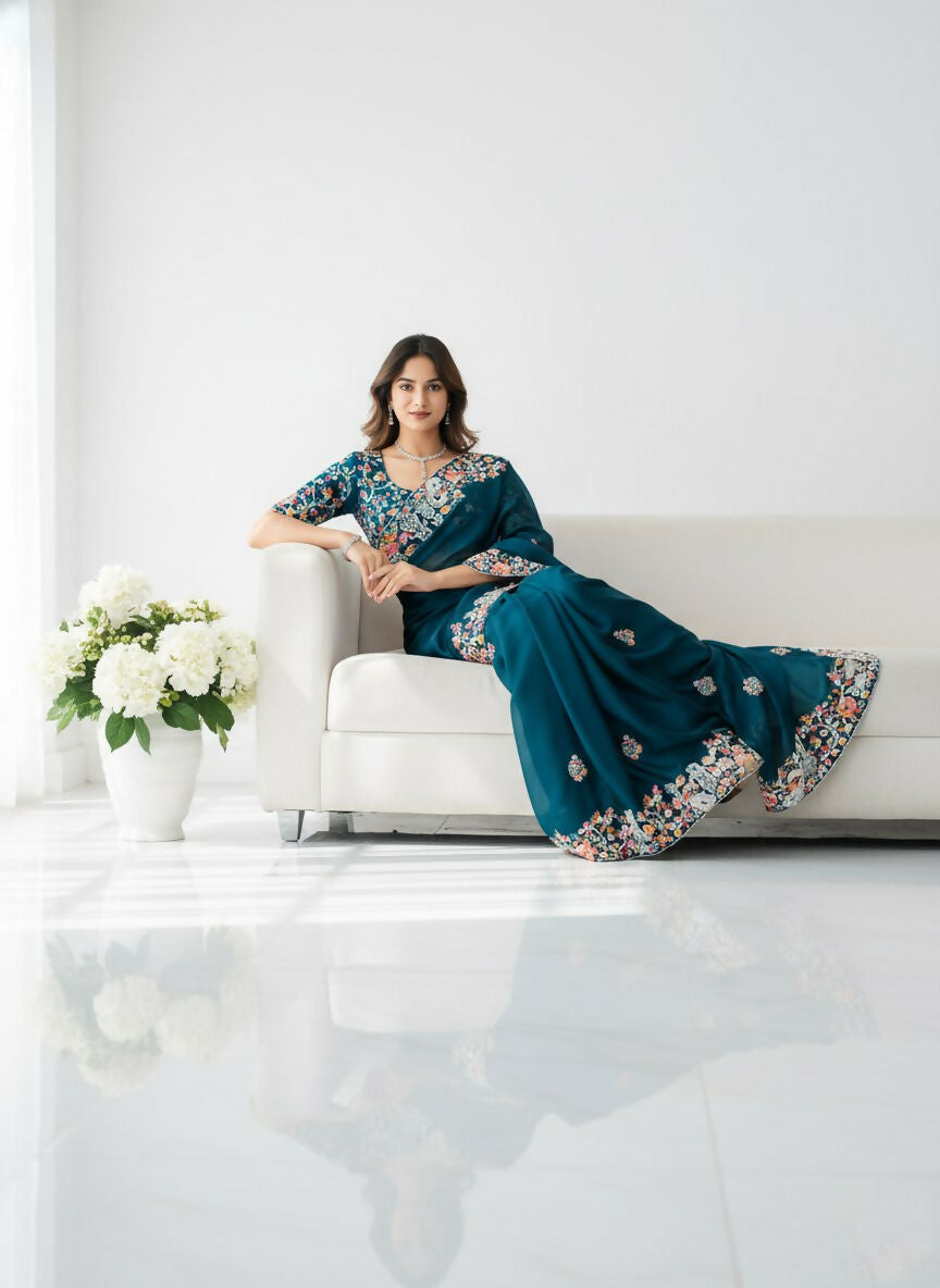 Teeya Creation Womens New Fancy Embroidery Work Saree-Teal