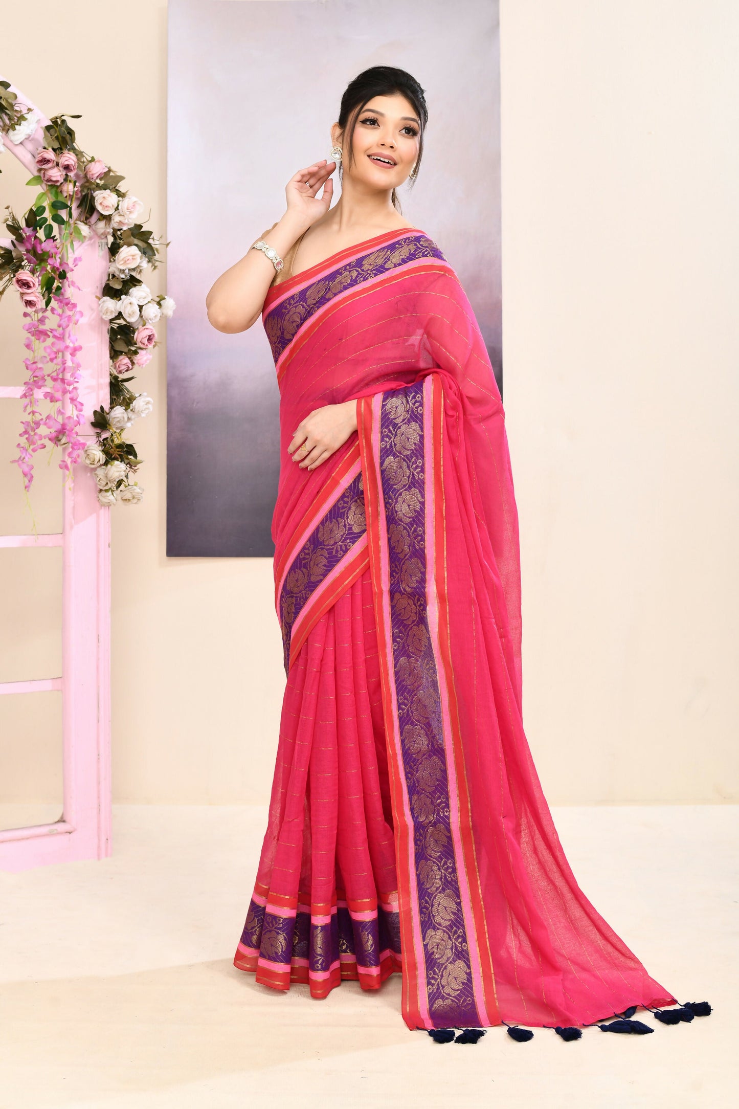 Piyari Fashion Women's Rani Pink Embellished Zari Border Cotton Saree