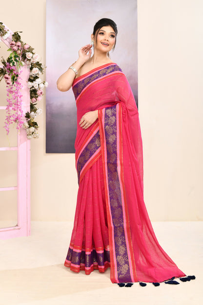 Piyari Fashion Women's Rani Pink Embellished Zari Border Cotton Saree