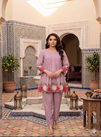 Teeya Creation Women's Peach Embroidered Kurti Set