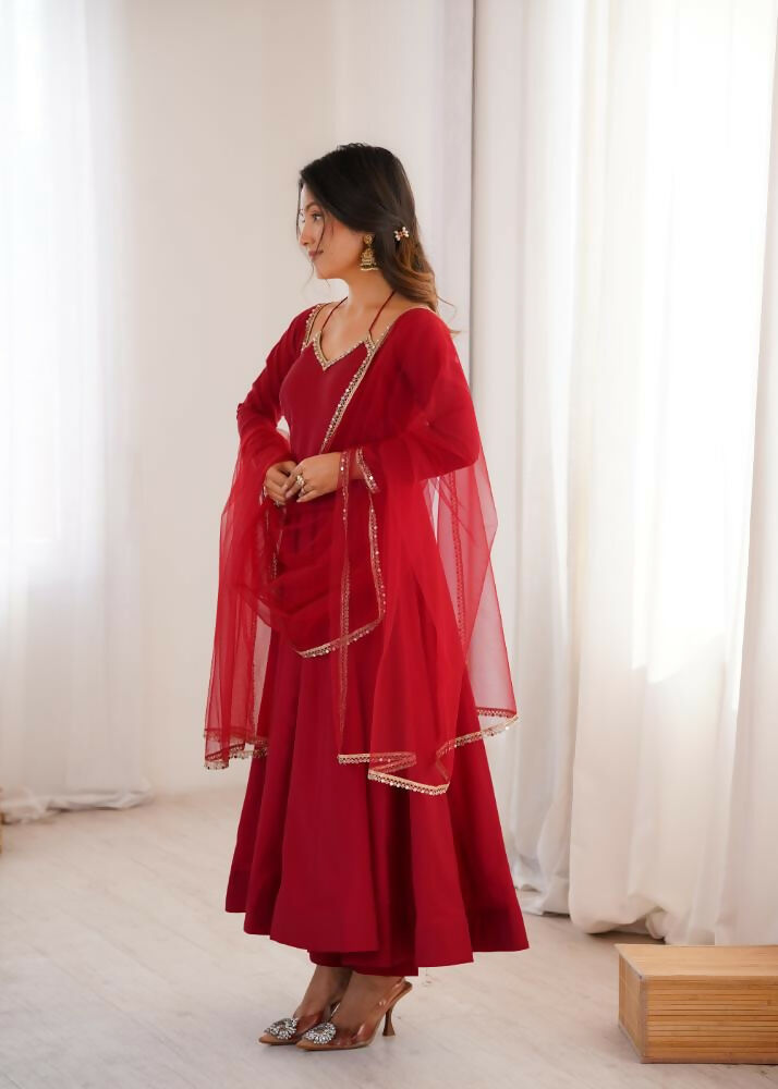 The52 Women's Gorgeous Embroidery Work Roman Silk Chanderi Fabric Flared Anarkali Pant and Dupatta Set-Maroon