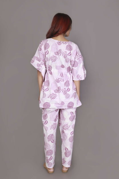 Breathables WomenS Loungewear Kaftan Cotton Pink Nature-Inspired Print Co-Ord Set