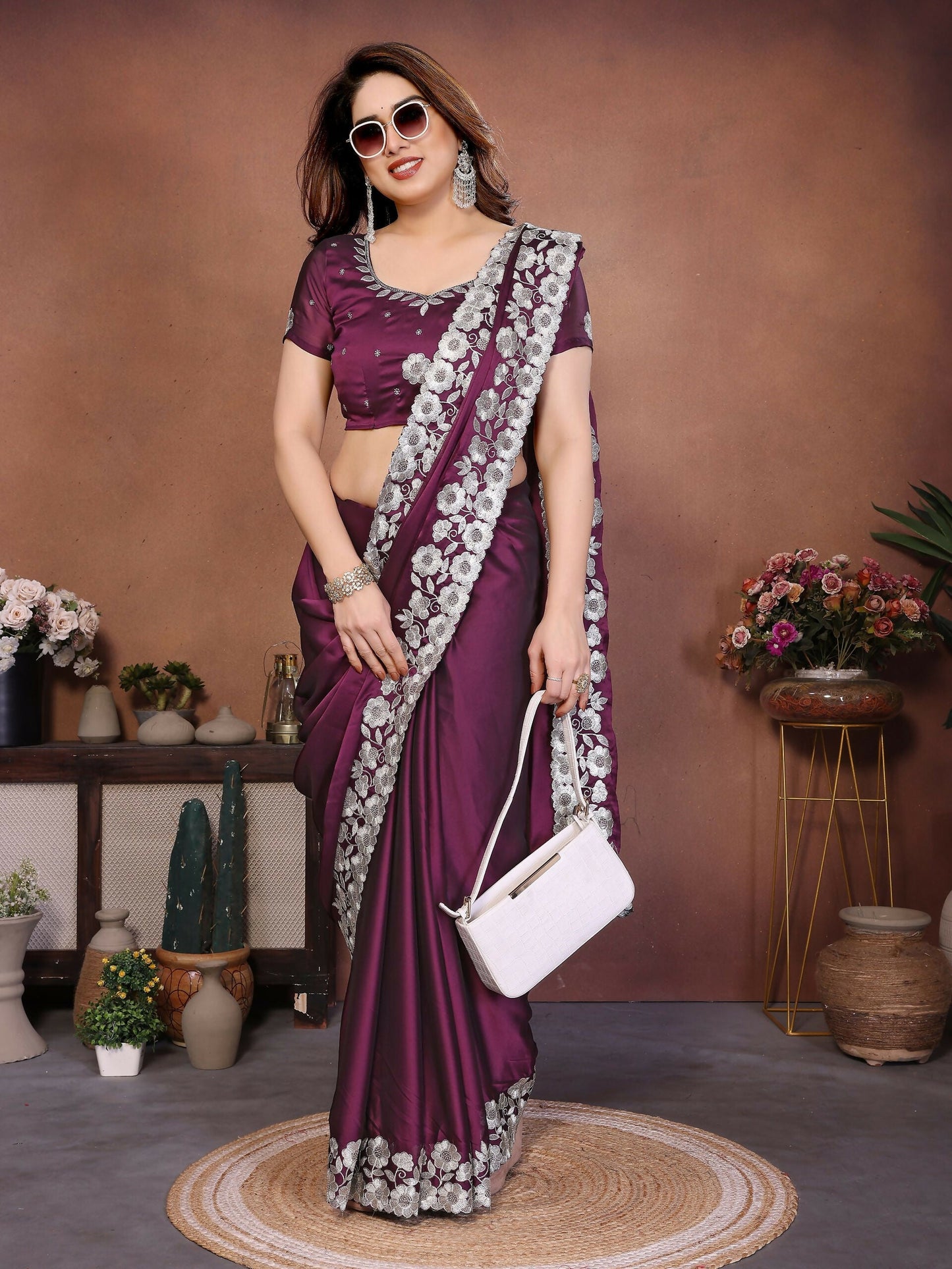 Teeya Creation New Trendy Stylish Party Wear Silk Saree-Wine