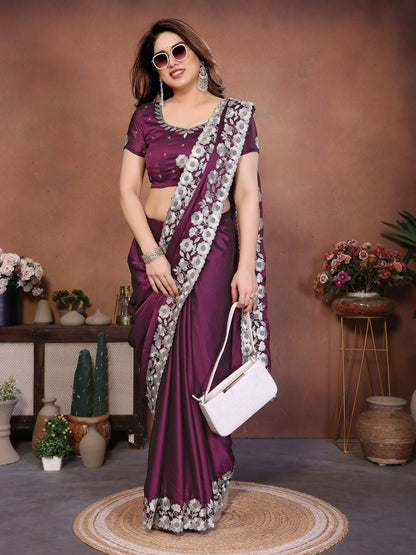 Teeya Creation New Trendy Stylish Party Wear Silk Saree-Wine
