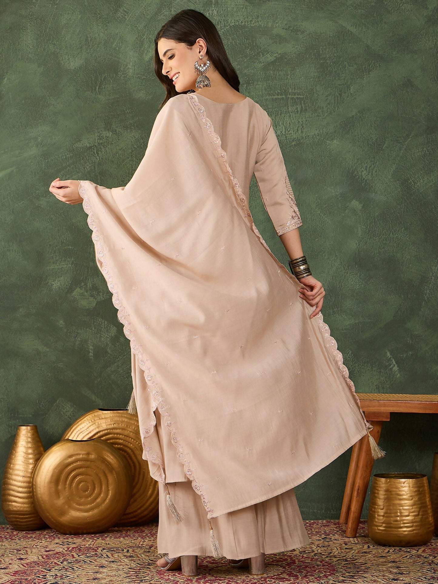 The52 Women's Beautiful Embroidery Work Silk Fabric Straight Kurta Palazzo and Dupatta Set-Beige