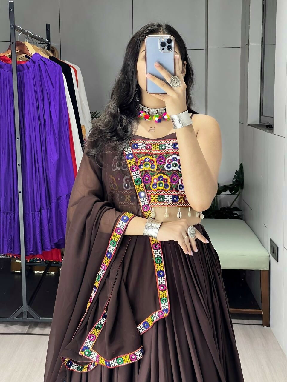 Yash Enterprise Brawn Rayon Cotton Embroidery Semi Stitched Navratri Top Chaniya Choli