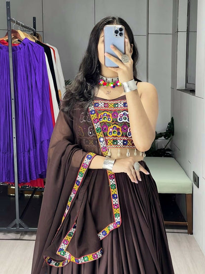 Yash Enterprise Brawn Rayon Cotton Embroidery Semi Stitched Navratri Top Chaniya Choli