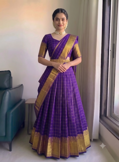 Teeya Creation Royal Purple Checkered Silk Lehenga Choli with Rich Gold Zari Border