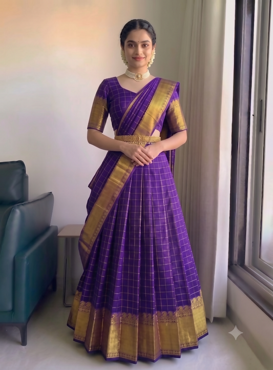 Teeya Creation Royal Purple Checkered Silk Lehenga Choli with Rich Gold Zari Border