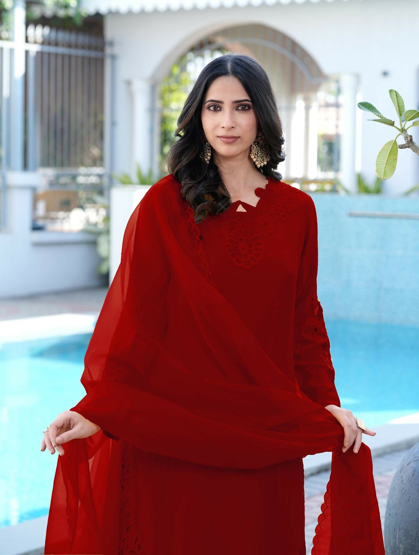 Nikhaar Maroon Embroidered Art Silk Stitched Straight Cut Kurta Pants Dupatta Readymade Suit