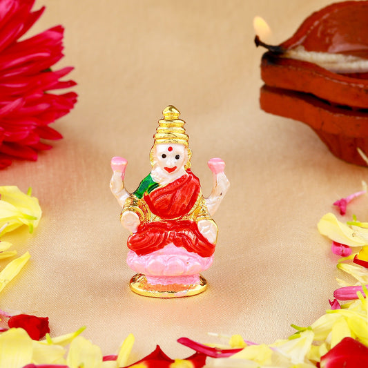 Estele Gold-Plated Goddess of Wealth Laxmi Devi on Lotus Idol with Multicolor Enamel for Home/Car decor