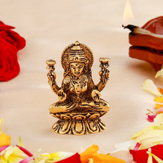 Estele Gold-Plated Antique goddess of wealth Laxmi Devi on lotus Idol/Deity for Pooja Mandir| House Warming| Gifts/Car & Office Decors