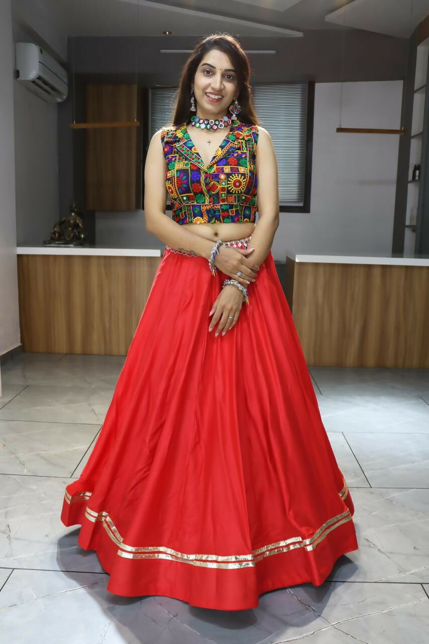 Yash Enterprise Rani Pink Rayon Cotton Embroidery Semi Stitched Navratri Chaniya Choli