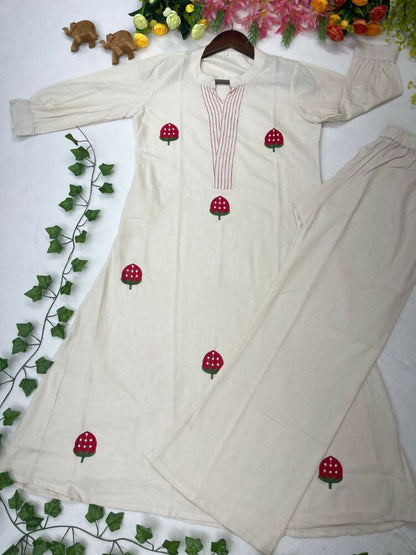 Teeya Creation New Latest Women Off-White & Red Embroidered Cotton A-Line Kurta with Trousers