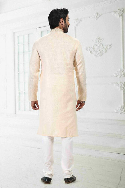 Raivat Ethnic Linen Cotton Thread Work Kurta Pajama In Beige Colour