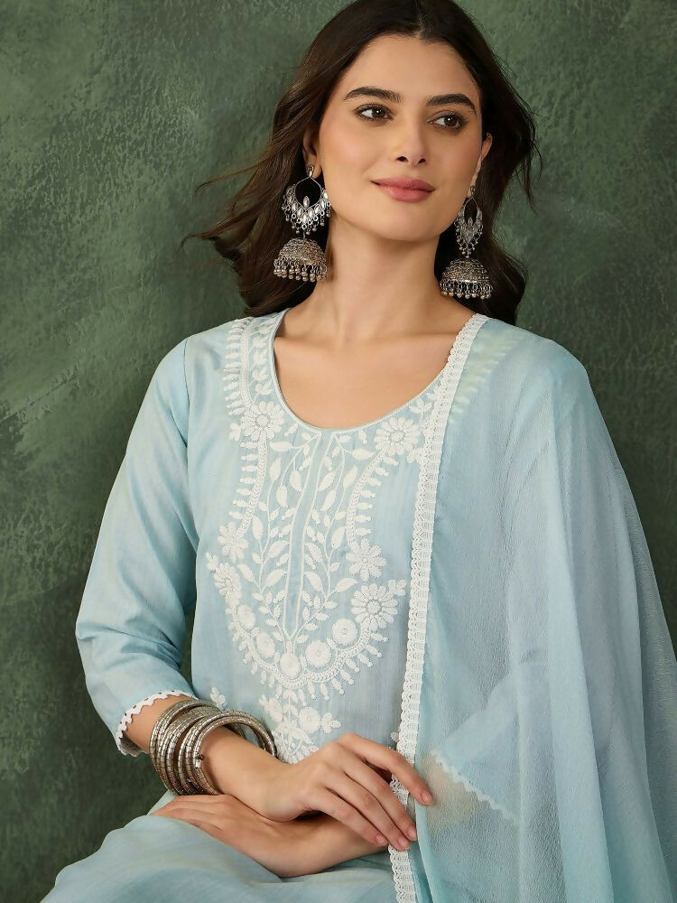 The52 Women's Beautiful Thread Work Cotton Blend Fabric Straight Kurta Pant and Dupatta Set