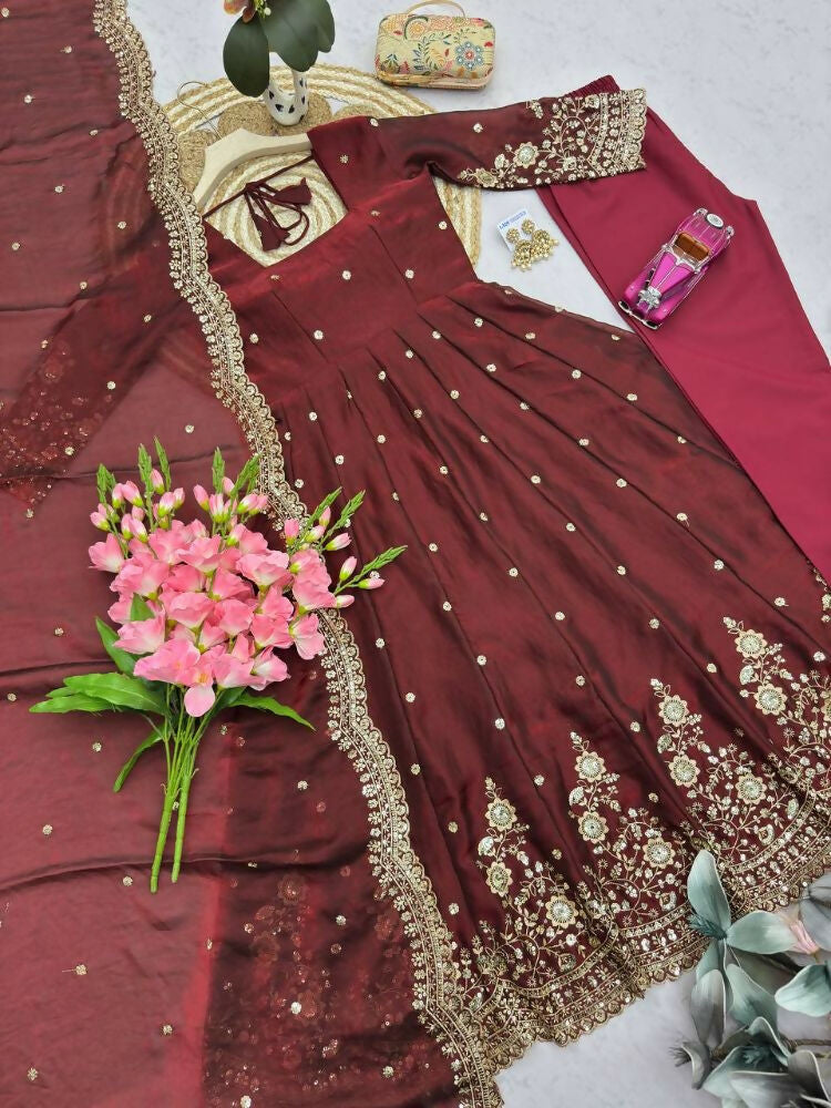Teeya Creation Womens New Latest Trendy Elegant Maroon Embroidered Anarkali Suit Set with Scalloped Dupatta