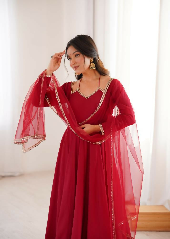 The52 Women's Gorgeous Embroidery Work Roman Silk Chanderi Fabric Flared Anarkali Pant and Dupatta Set-Maroon