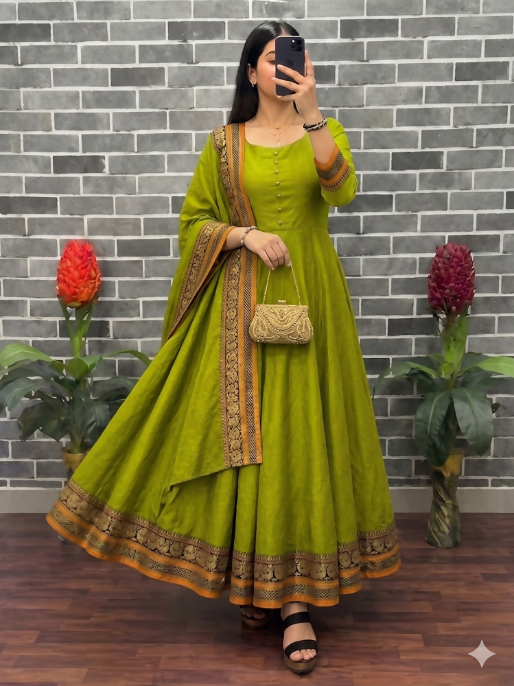 Teeya Creation New Trendy Stylish Olive Green Solid Anarkali Kurta with Traditional Golden Border Dupatta Set
