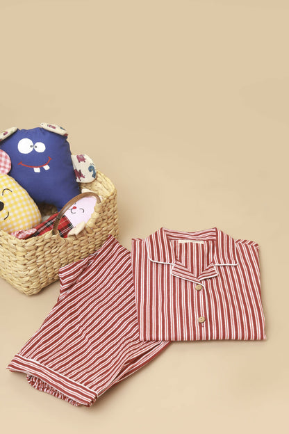 Breathables Kids Cotton Night Suit  Red & White Striped Shirt & Pyjama Co-Ord Set For Boys & Girls