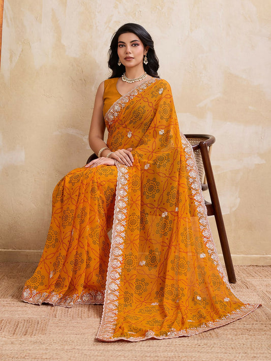 Teeya Creation New Trendy Leheriya Bandhani Georgette Saree For Daily Wear -Yellow