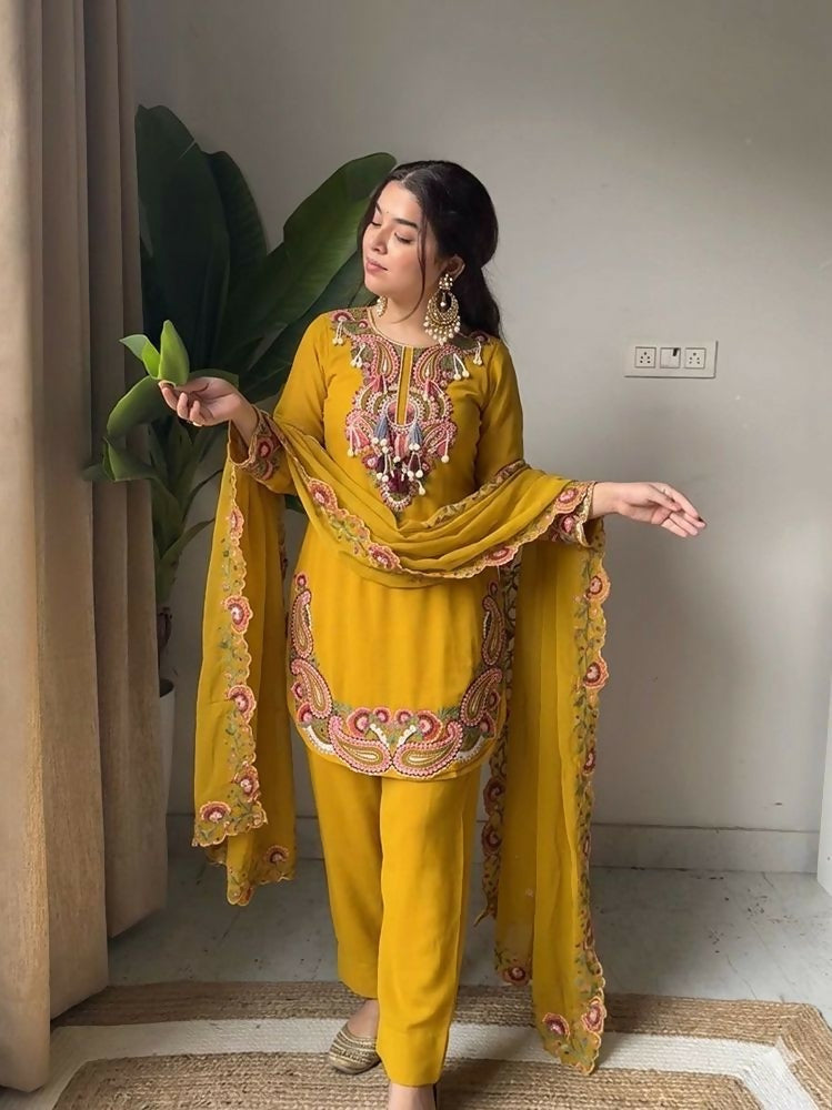 Teeya Creation New Women's Elegant Yellow Straight Cut Suit with Heavy Neckline Embroidery