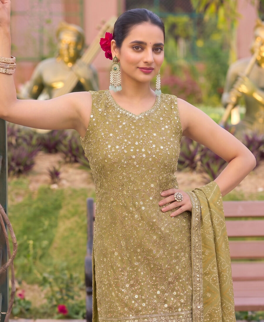 KC Mustard Bandhani Printed Heavy Emrboidery Worked Sharara Suit Ethnic Wear