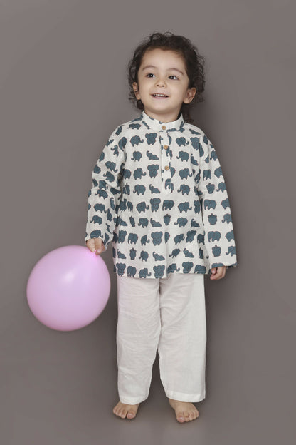 Breathables Kids Cotton Night Suit  White Elephant Print Kurta & Pyjama Co-Ord Set For Boys & Girls