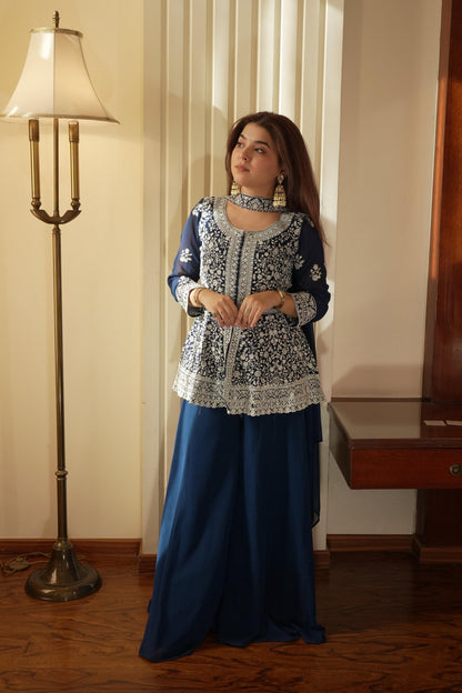 Lehenga Mart Designer Palazzo Suit With Kurta Palazzo Dupatta For Women-Blue
