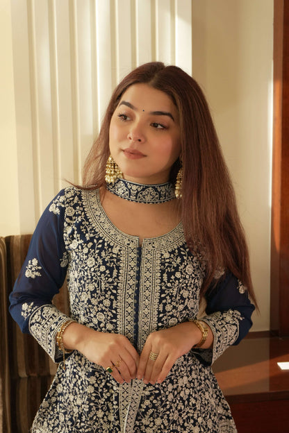 Lehenga Mart Designer Palazzo Suit With Kurta Palazzo Dupatta For Women-Blue
