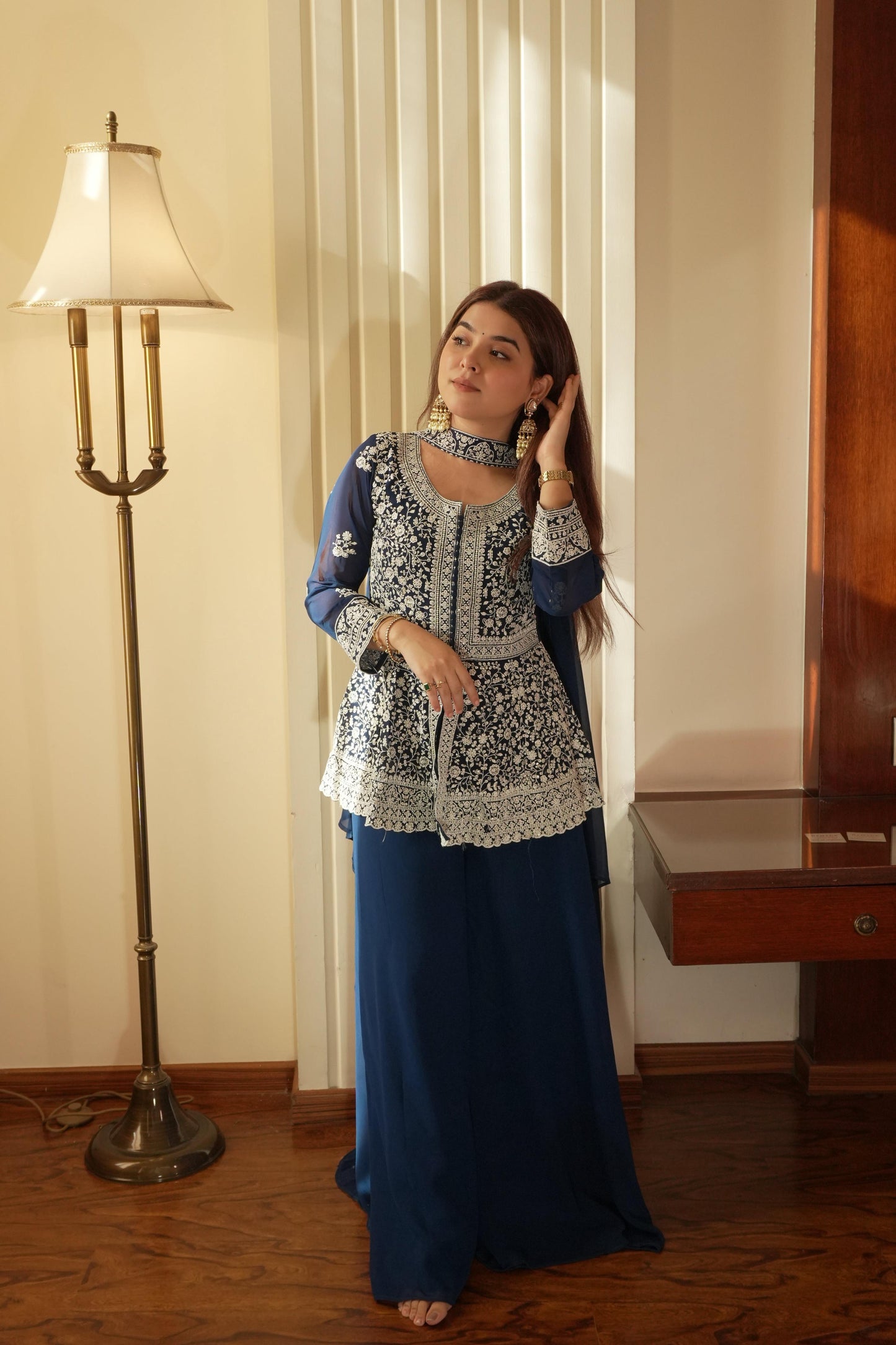 Lehenga Mart Designer Palazzo Suit With Kurta Palazzo Dupatta For Women-Blue