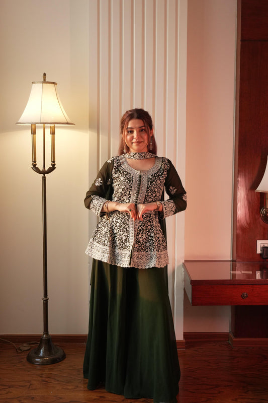 Lehenga Mart Designer Palazzo Suit With Kurta Palazzo Dupatta For Women-Green