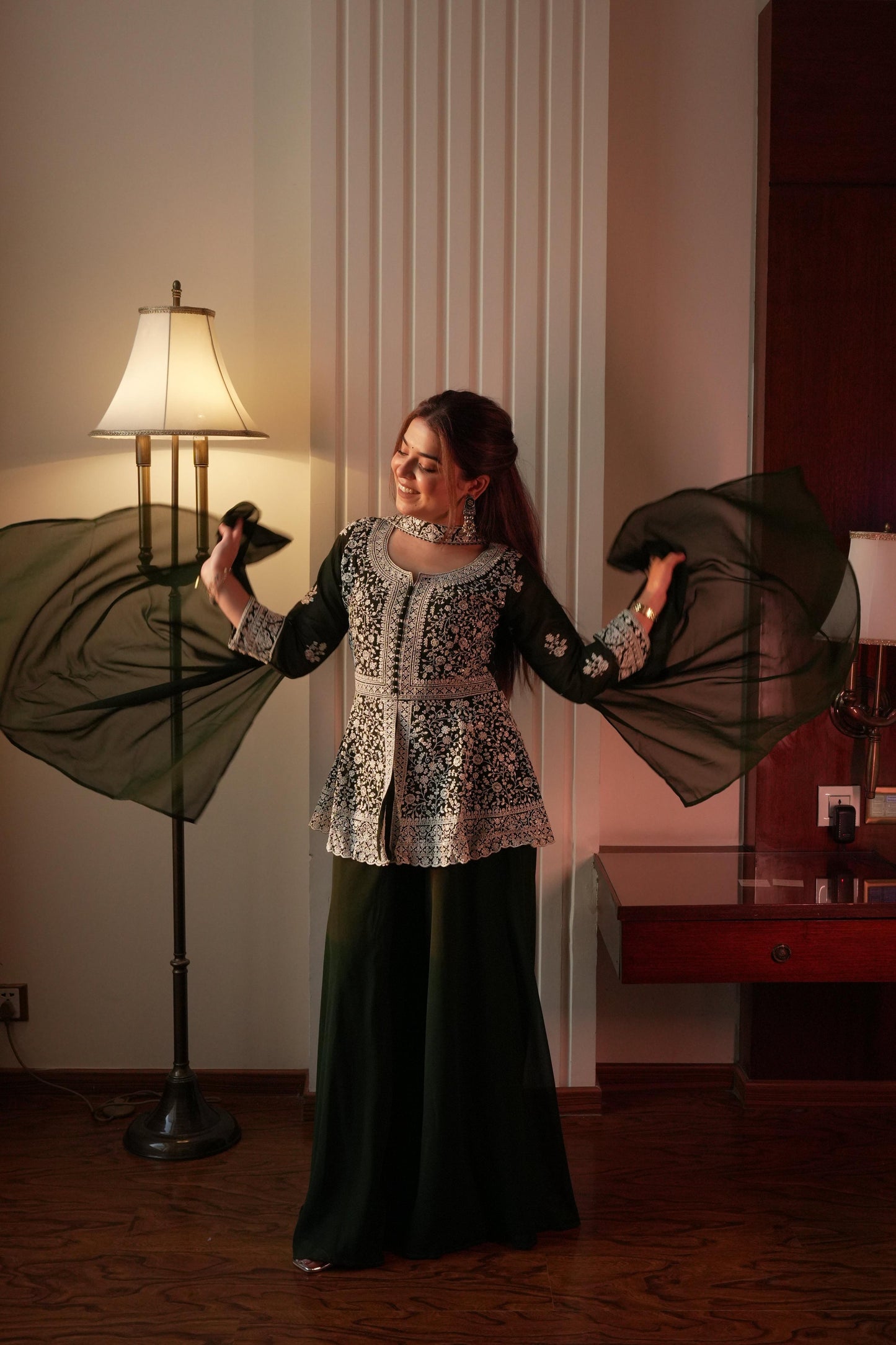 Lehenga Mart Designer Palazzo Suit With Kurta Palazzo Dupatta For Women-Green