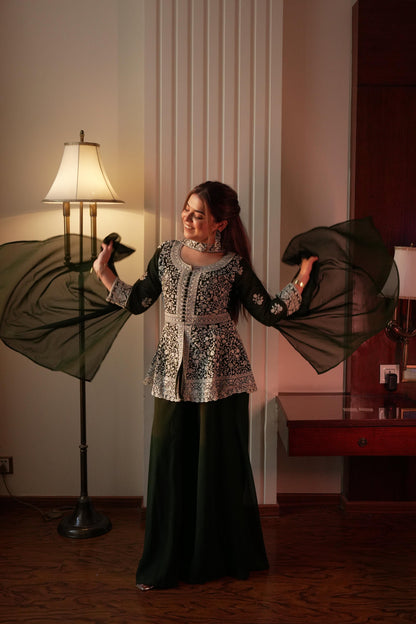 Lehenga Mart Designer Palazzo Suit With Kurta Palazzo Dupatta For Women-Green