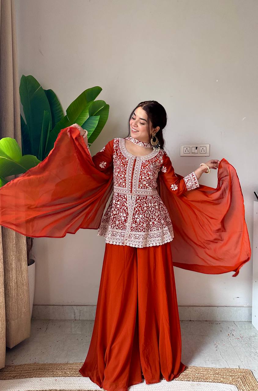 Lehenga Mart Designer Palazzo Suit With Kurta Palazzo Dupatta For Women-Rust