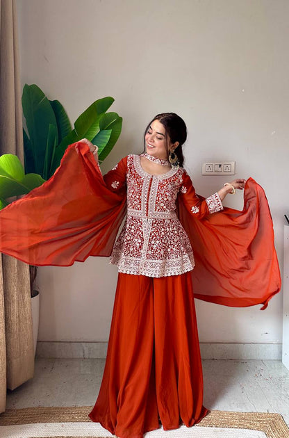Lehenga Mart Designer Palazzo Suit With Kurta Palazzo Dupatta For Women-Rust