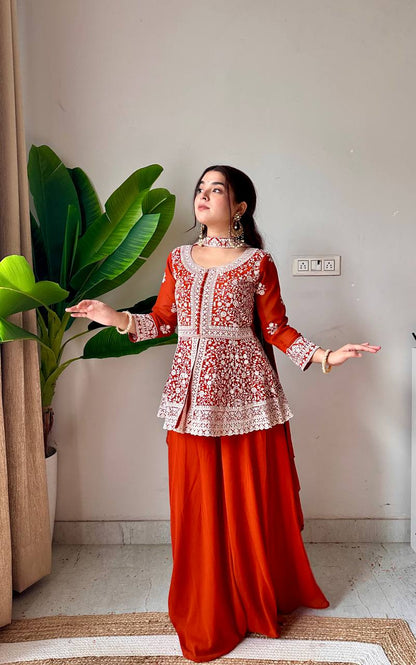 Lehenga Mart Designer Palazzo Suit With Kurta Palazzo Dupatta For Women-Rust