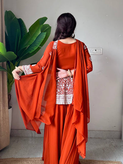 Lehenga Mart Designer Palazzo Suit With Kurta Palazzo Dupatta For Women-Rust