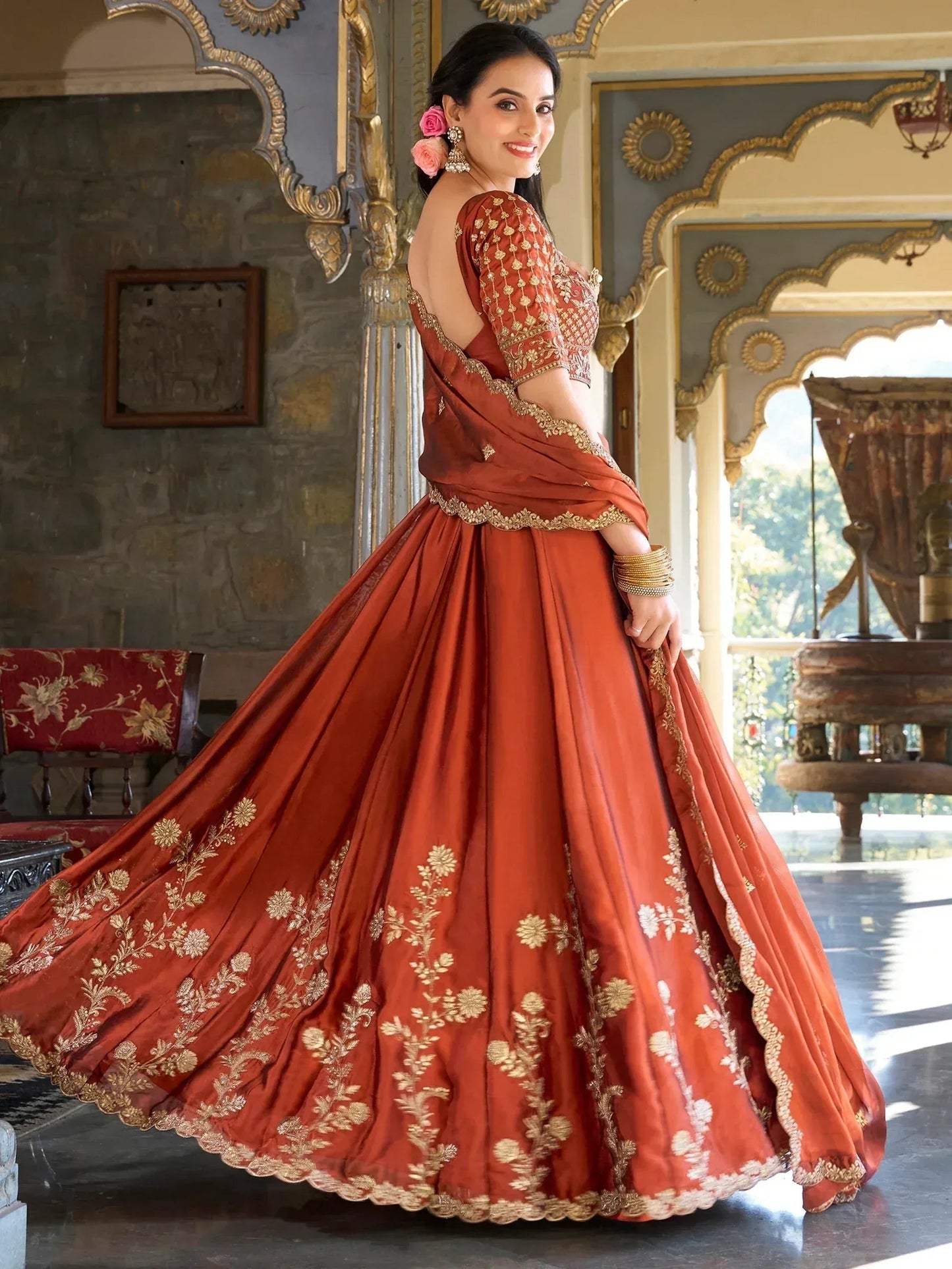Tulsi Art Attractive Orange Thread Embroidery Silk Wedding Wear Lehenga Choli