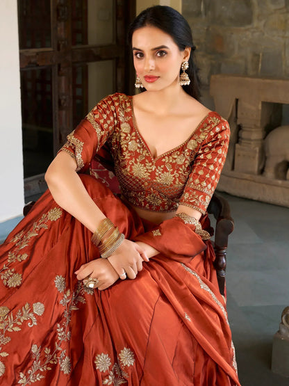 Tulsi Art Attractive Orange Thread Embroidery Silk Wedding Wear Lehenga Choli